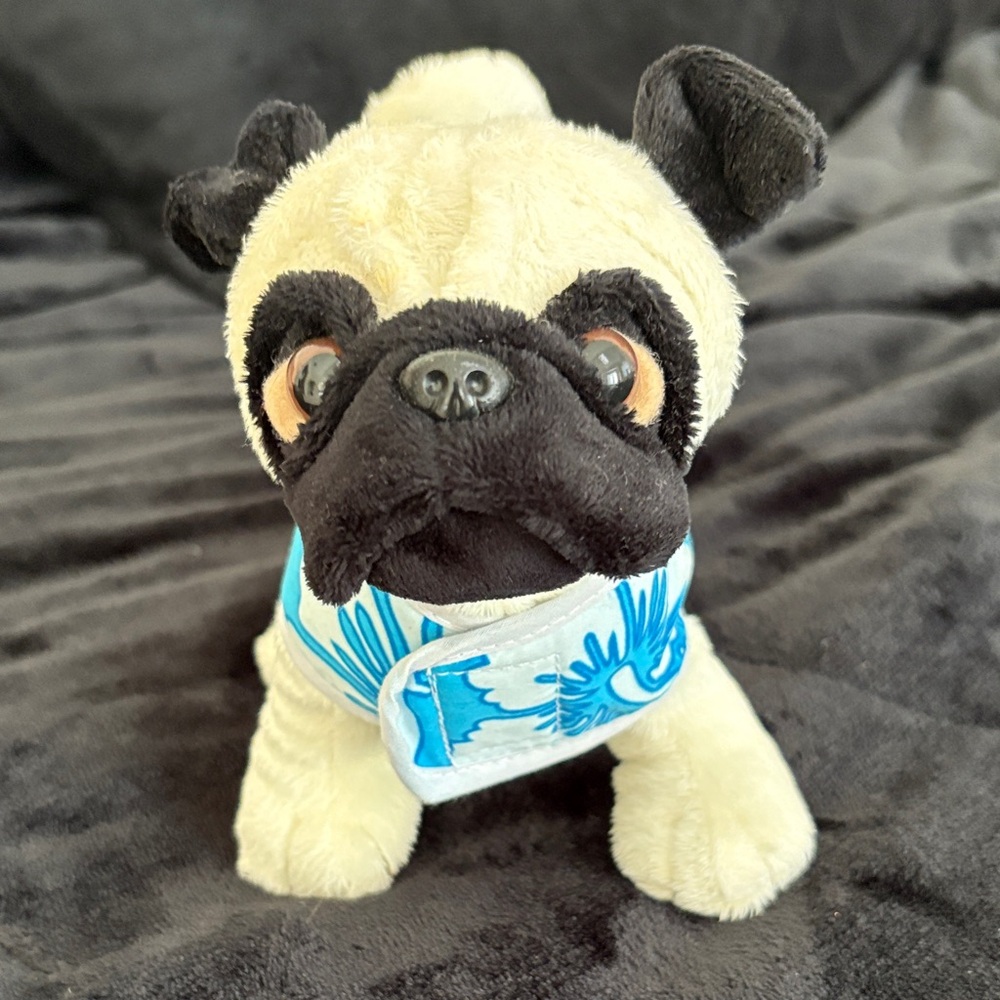 Plush Pug Dog Stuffed Animal Toy with Removable Blue Vest
